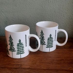 Starbucks 2015 Holiday Christmas Trees 12 oz. CoffeMugs Set of Two White & Green